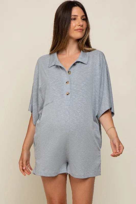 Grey Heathered Front Button Maternity Romper