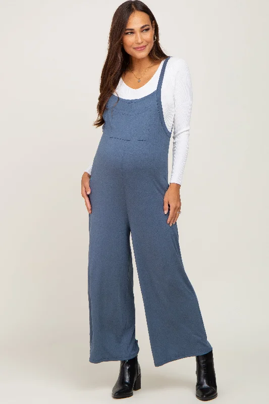 Navy Sleeveless Pocketed Wide Leg Maternity Jumpsuit