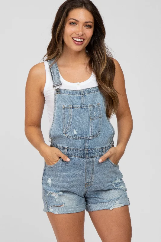 Blue Distressed Maternity Denim Short Overalls