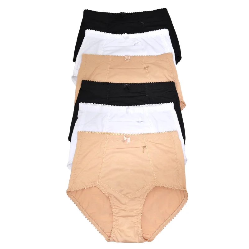 Cotton High Waist Briefs with Zippered Pocket (6-Pack)