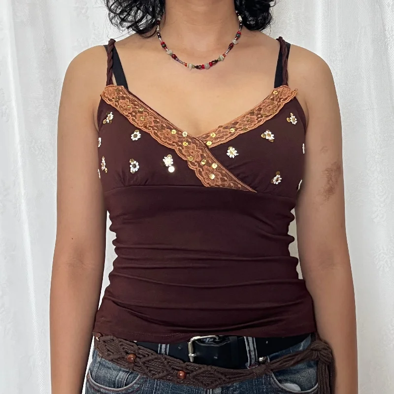 Brown Cotton Sequin Flower Laced Cami Top