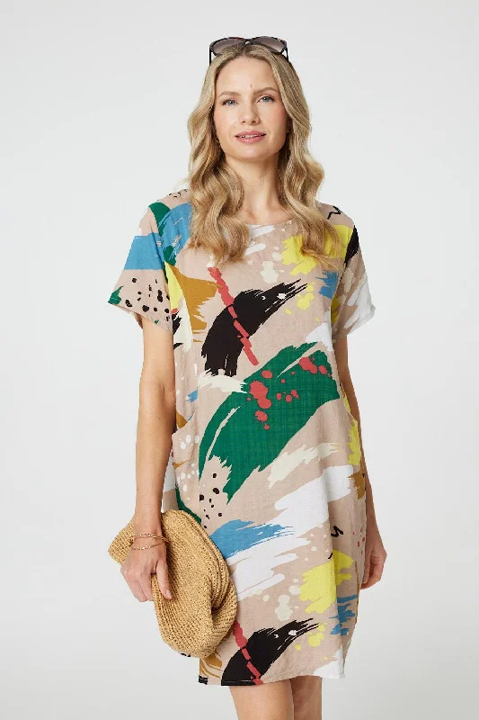 Brushstroke Print Knee Length Shift Dress