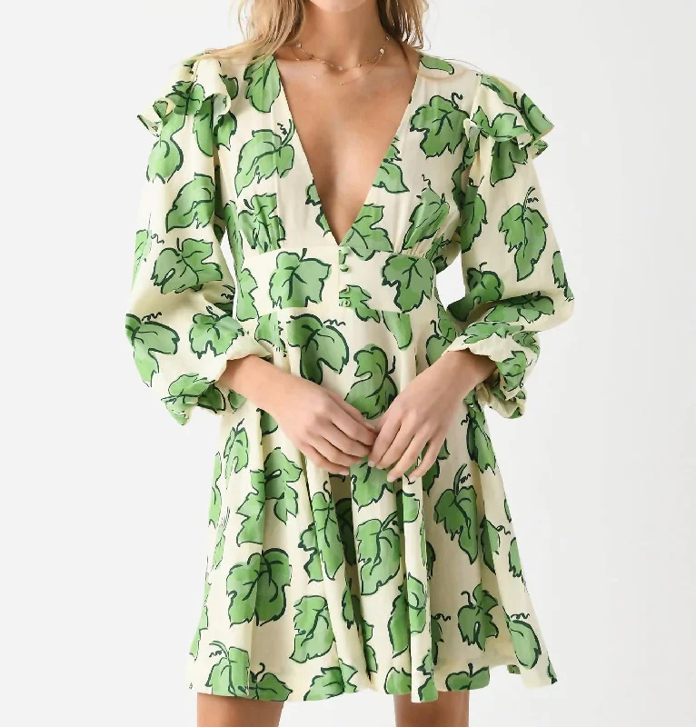 Cordelia Mini Dress In Green Vine Leaf Print