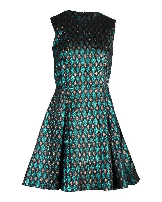 Dolce & Gabbana Flared Sleeveless Mini Dress in Metallic Green Polyester