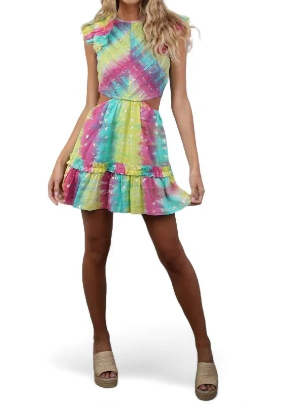 Leilanie Smocked Cutout Back Mini Dress In Rainbow Tie Dye