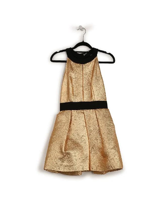 Miu Miu Metallic Gold Jacquard/Nylon Halter Neck Mini Dress With Black Trims