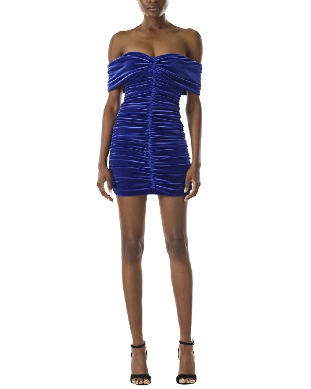 Monique Lhuillier Off the Shoulder Ruched Silk-Lined Mini Dress