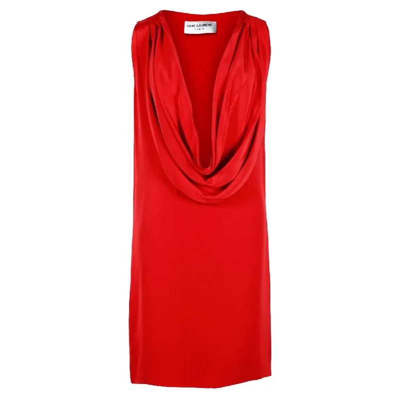 Saint Laurent Paris Plunging Cowl Neck Mini Dress in Red Silk