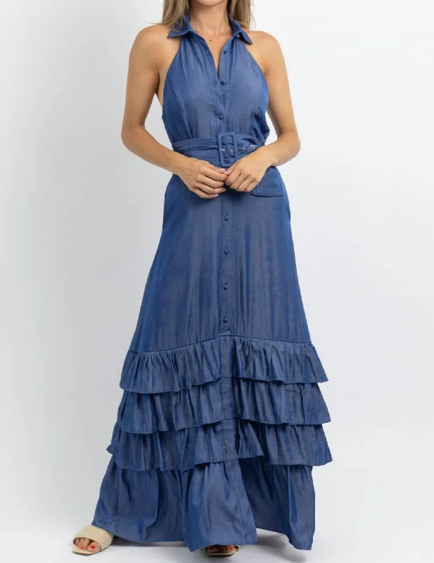 Eleanor Belted Maxi Dress In Denim Blue