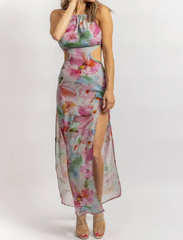 Floral Open Back Maxi Dress In Grey + Fuchsia