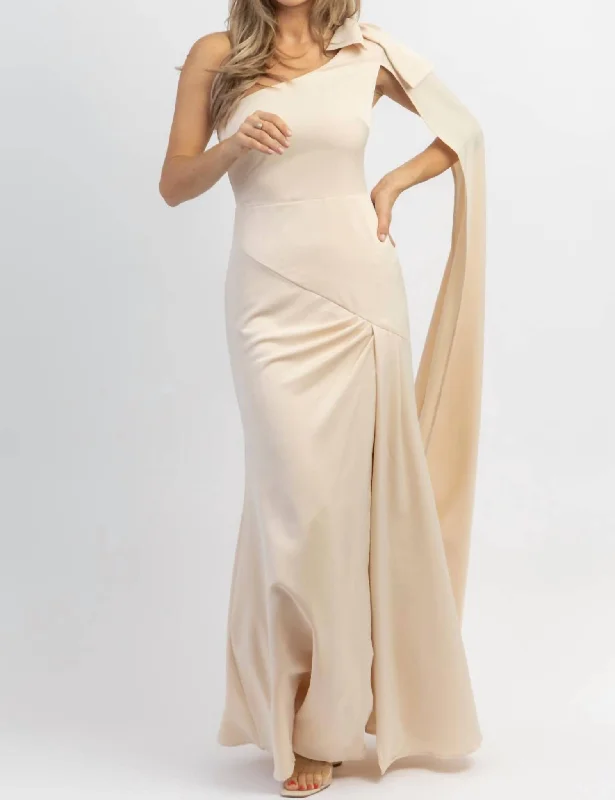 One Shoulder And Sash Satin Maxi Dress In Champagne