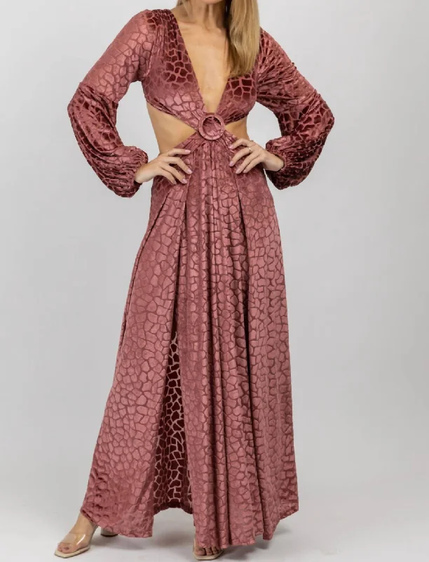 Spotted Velvet Maxi Slit Dress In Mauve