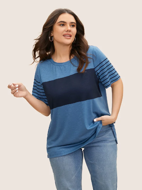 Crew Neck Striped Patchwork Contrast T-shirt