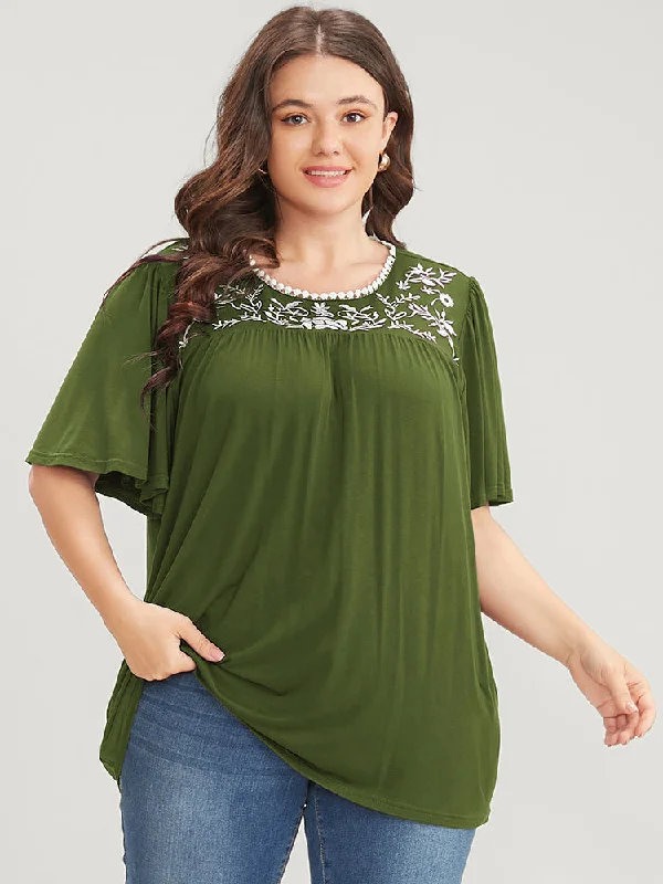 Floral Embroidered Ruffle Sleeve Keyhole Round Neck T-shirt