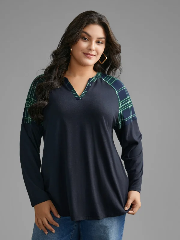 Notched Plaid Raglan Sleeve T-shirt