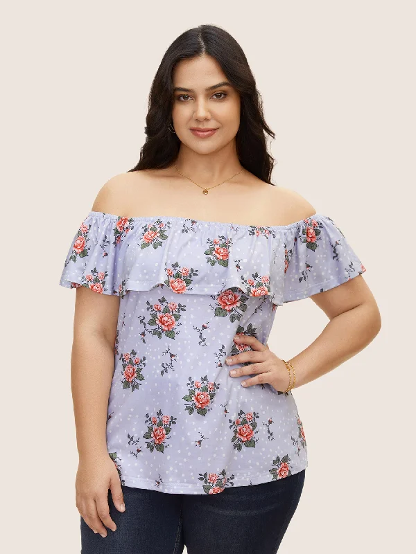 Off Shoulder Floral Ruffles Gathered T-shirt