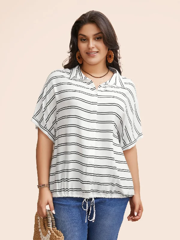 Shirt Collar Striped Drawstring Dolman Sleeve Blouse