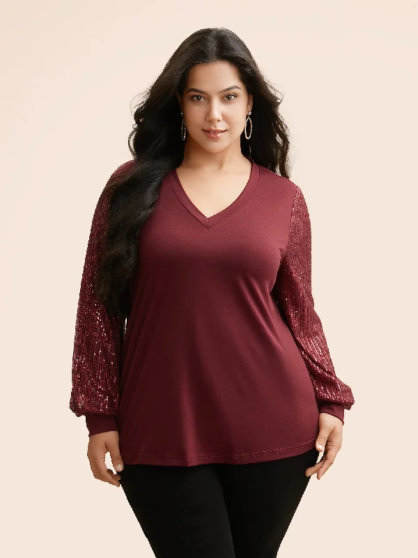 V Neck Sequin Patchwork T-shirt