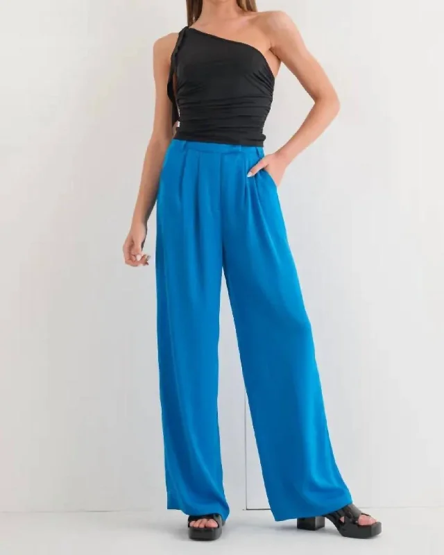 Pin Tuck Wide Leg Pants In Cerulean Blue