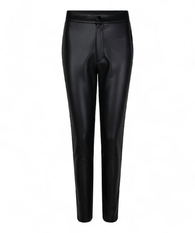 Women's Button Closure Pu Trouser In Black