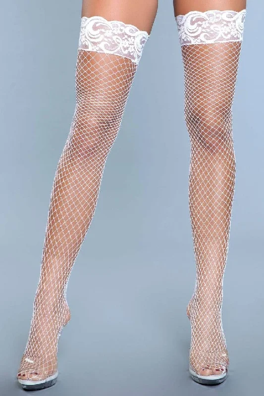 Amber Lace Top Fishnet Thigh Highs - White