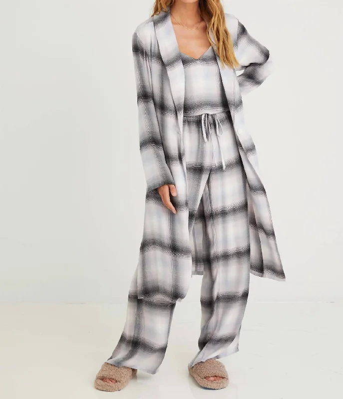 Long Sleeve Shawl Collar Robe In Lilac Ombre Plaid